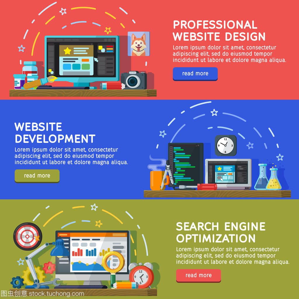 設置為 web 橫幅。橫向平面樣式的廣告橫幅。網站和應用程序的開發。網頁設計。編程和編碼。搜索優化、 Seo 和推廣。矢量圖