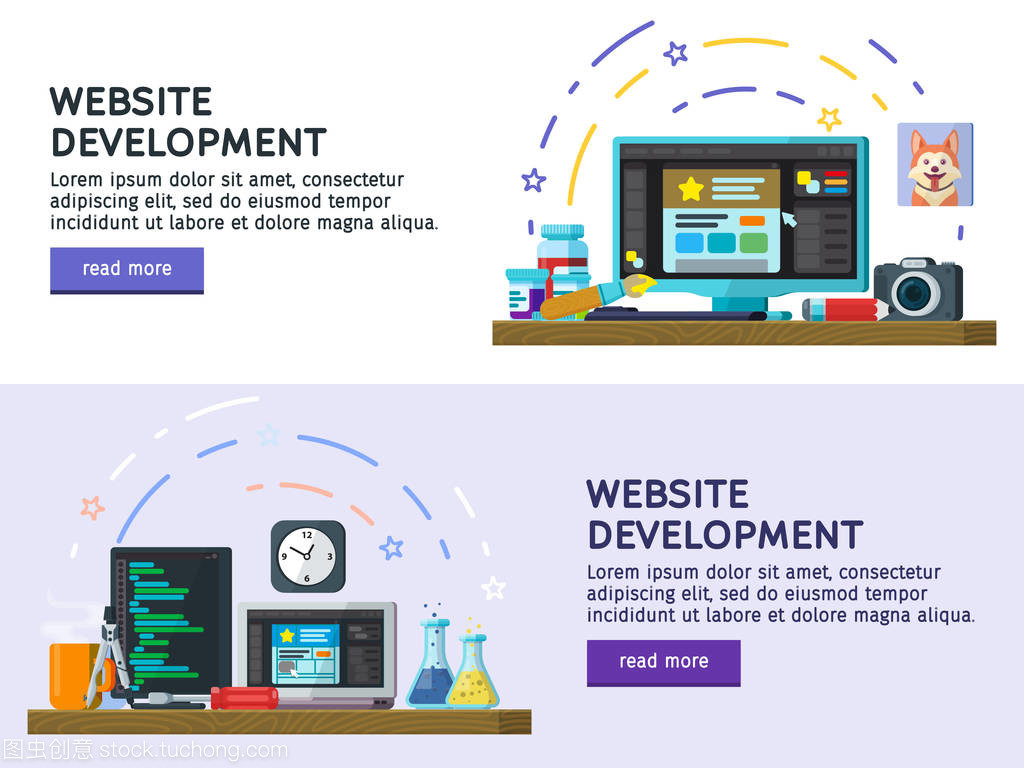 平面設(shè)計(jì)現(xiàn)代矢量圖的概念。平面彩色橫幅設(shè)計(jì)一套。網(wǎng)站開發(fā),網(wǎng)頁設(shè)計(jì)。現(xiàn)代平面設(shè)計(jì)中的 Web 橫幅,網(wǎng)站元素。編程和編碼